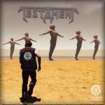 Testament logolu dev figürlerin bulunduğu çöl benzeri 3B dijital alana doğru yürüyen sırtı dönük bir karakter