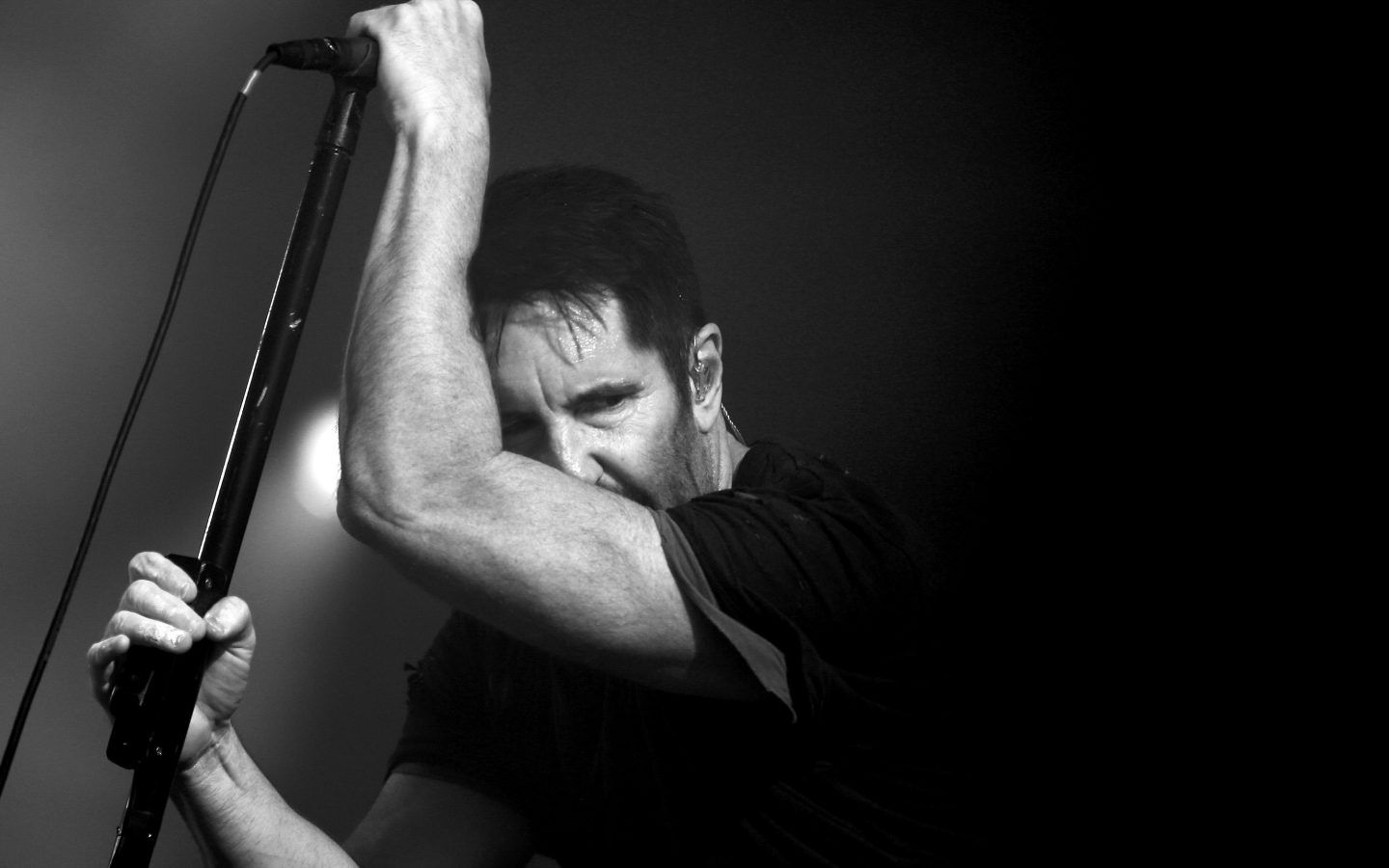 Trent Reznor'u sahnede mikrofon standına yaslanmış halde gösteren siyah beyaz konser fotoğrafı